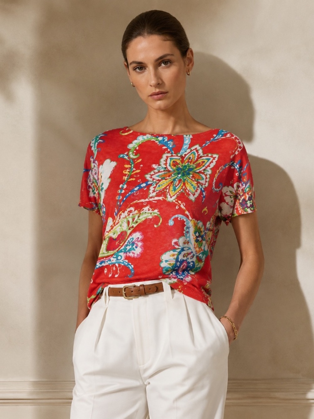 Ralph Lauren 100 % Linen Floral Print Top Coral Multicolor Casual Women Size L